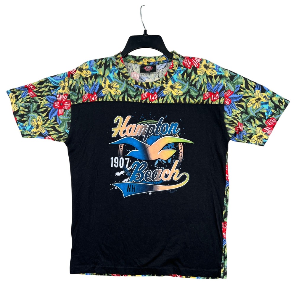 Hampton Beach NH Graphic T-Shirt Mens L Black Tropical Ocean Surf Skate Y2K‎